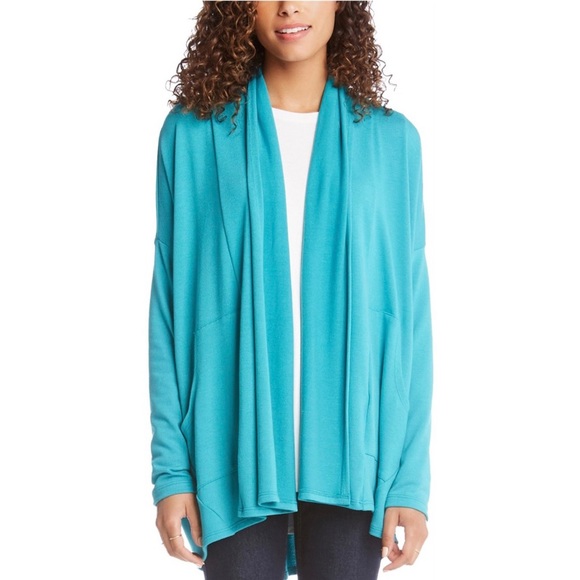 Karen Kane Long Sleeve Open-Front Draped Teal Cardigan Sweater - Picture 1 of 8